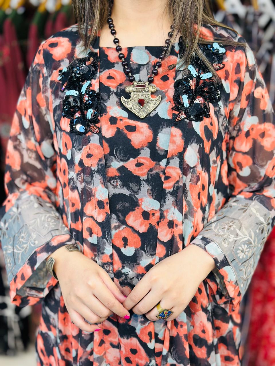 2 Pcs Black & Rust Semi-Festive Printed Chiffon Gown